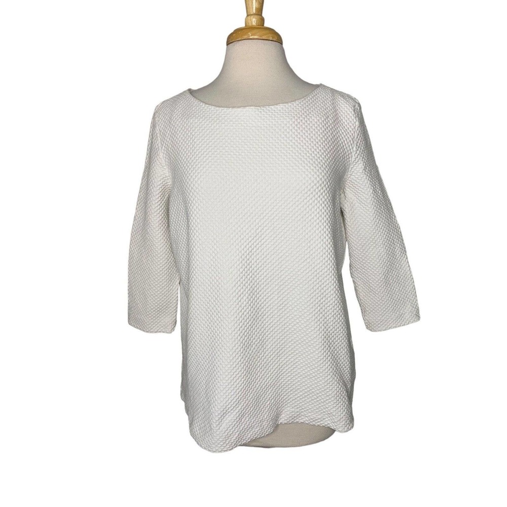 COS White Waffle Texture Knit Boat Neck Top Size Medium 3/4 Sleeve